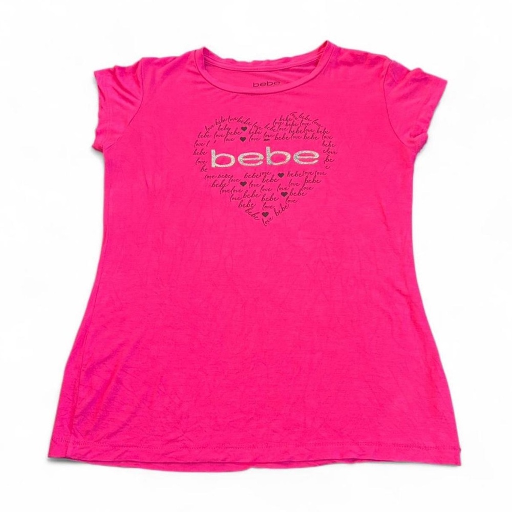 bebe Y2K Pink Glitter Logo Heart Graphic Fitted Tee Size L Classic 2000s Glam